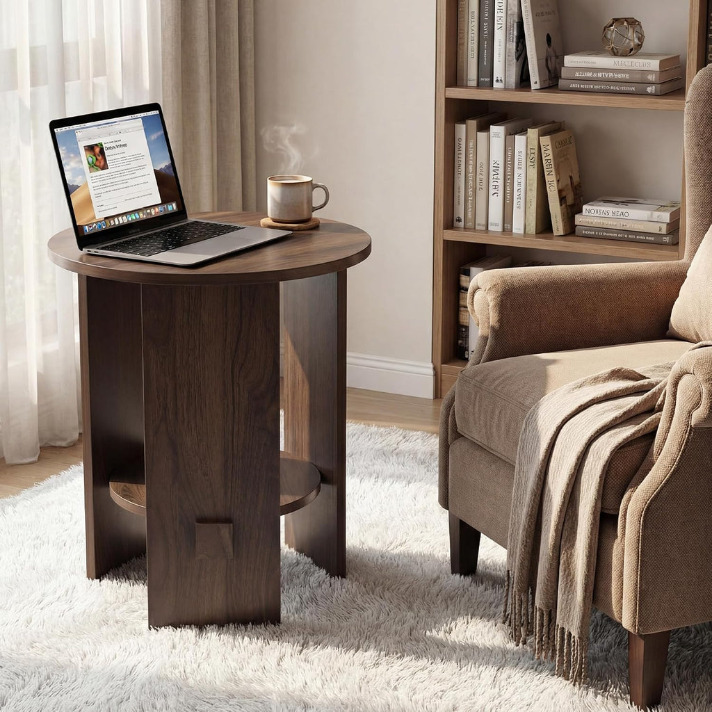 chairus Round Side Table, 15.5" Small End Table with 2-Tier Open Storage, Modern Nightstand for Living Room Bedroom, Compact Accent Furniture for Small Spaces, Walnut