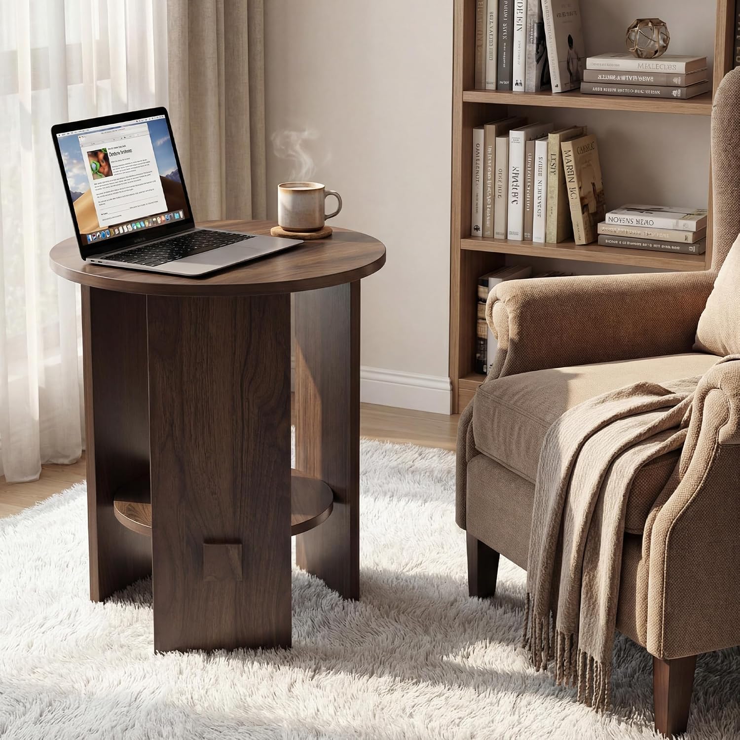 chairus Round Side Table, 15.5" Small End Table with 2-Tier Open Storage, Modern Nightstand for Living Room Bedroom, Compact Accent Furniture for Small Spaces, Walnut