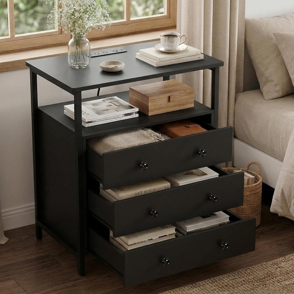 Edbuosy 27" Wide Nightstand with Charging Station & 3 Drawer, Black | Small Dresser for Closet, 2 AC Outlets & 2 USB Ports, Open Shelf, Adjustable Feet, Wood Nightstand for Living Room or Bedroom