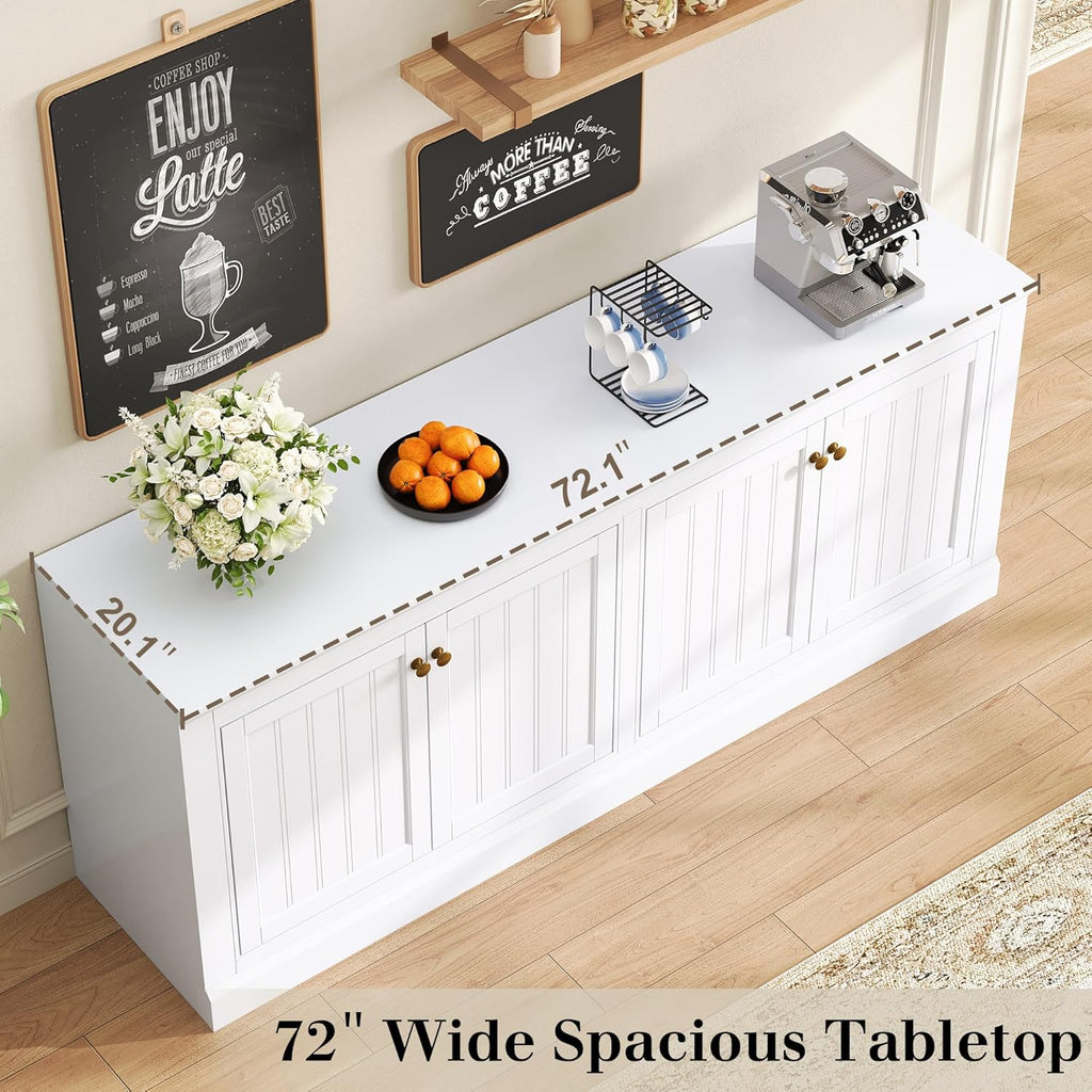 AMERLIFE 72" Farmhouse Sideboard Buffet Cabinet with Barn Doors, Storage Console Table with Adjustable Shelves, Coffee Bar/TV Stand for Living Room, Kitchen, Entryway, White