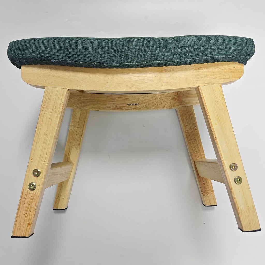Solid Wood Footstool, Padded Shoe Bench with Fabric Cushion, Modern Upholstered Entryway Stool for Living Room, Bedroom & Dressing Room, Green & Natural Wood