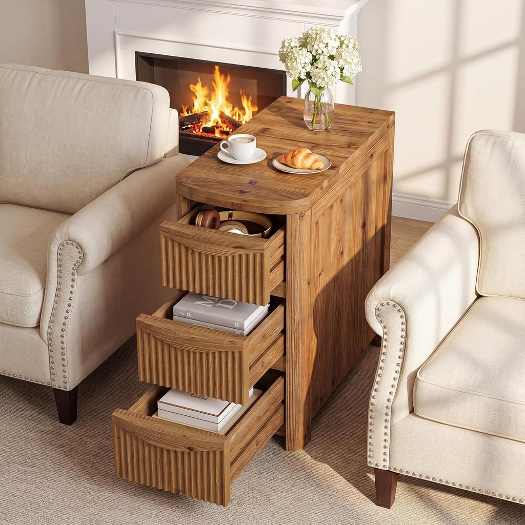 Solid Wood End Table with 3 Drawers, 24" Farmhouse Fluted Narrow Side Table, Slim Sofa Side Table for Small Spaces, Rustic Nightstand with Storage for Living Room Bedroom