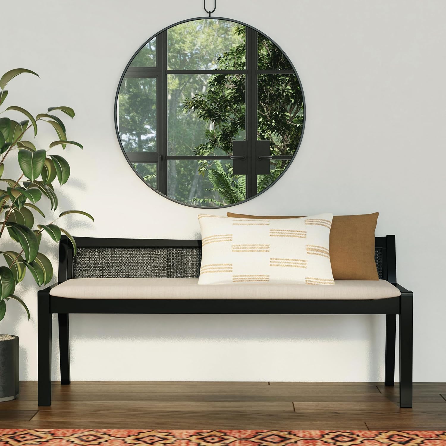Powell Kasi Black Low Back Cane Bench with Beige Upholstered Seat