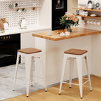 Andeworld Bar Stools Set of 2 Stackable Metal Bar Stools Industrial Counter Height Stools Backless Barstools with Wooden Seats (26 inch, White with Wooden Seats)