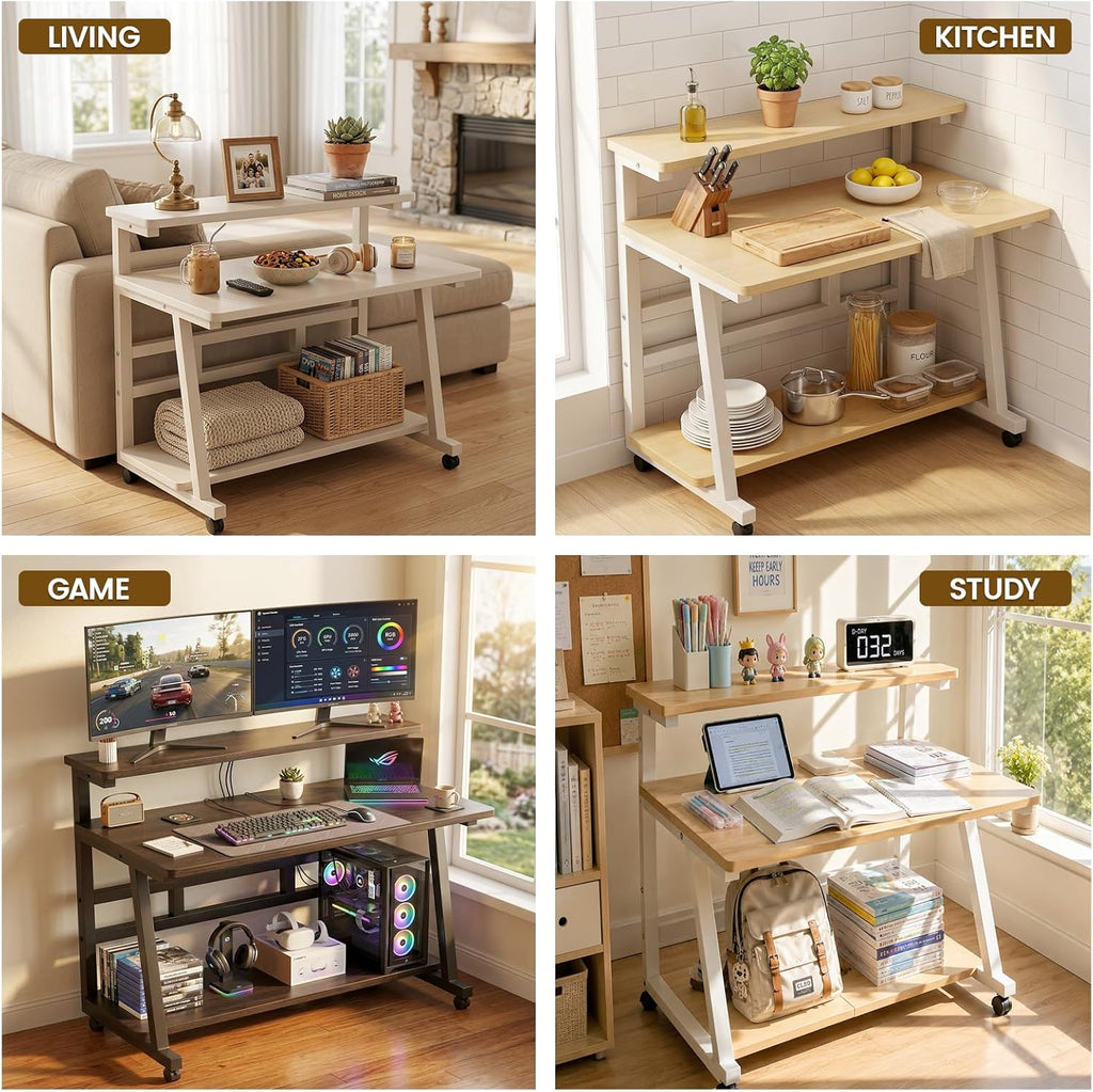 31.5 Inch Compact Rolling Computer Desk with Tier Worktable & Lockable Wheels, Small Computer Desk, Small Desk for Bedroom, Mobile Writing Workstation Easy Assembly for Home Office Small Spaces