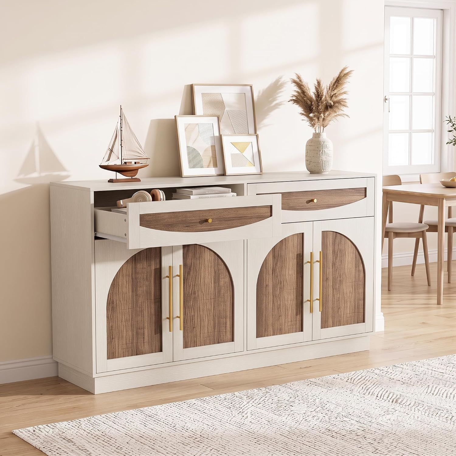 63'' Arched Door Sideboard Buffet Cabinet with Drawers, White and Natural | Modern Farmhouse, Two-tone, Removable Shelves, Metal Handle, Large Storage Space, Wooden Storage Cabinet, Coffee Bar Station