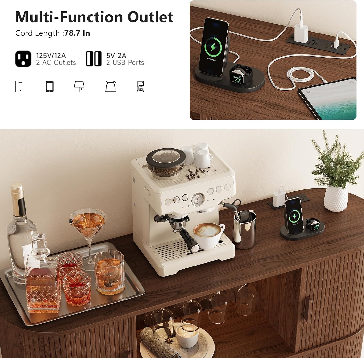 ONBRILL 55" Fluted Wine Bar Cabinet with LED Lights, Coffee Bar Cabinet with Power Outlet, Modern Liquor Whiskey Cabinets with Wine Rack and Glass Holder, Home Bar for Living Room Kitchen