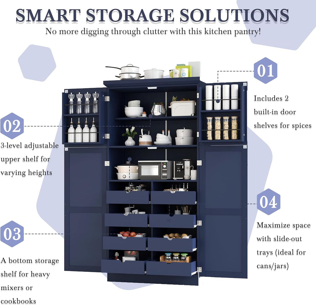 Freestanding Cabinet with 4 Doors, 2 Door Shelves, Tall Storage Cabinet with 8 Pull-Out Trays and Adjustable Shelf for Dining Room Kitchen Pantry (Blue)