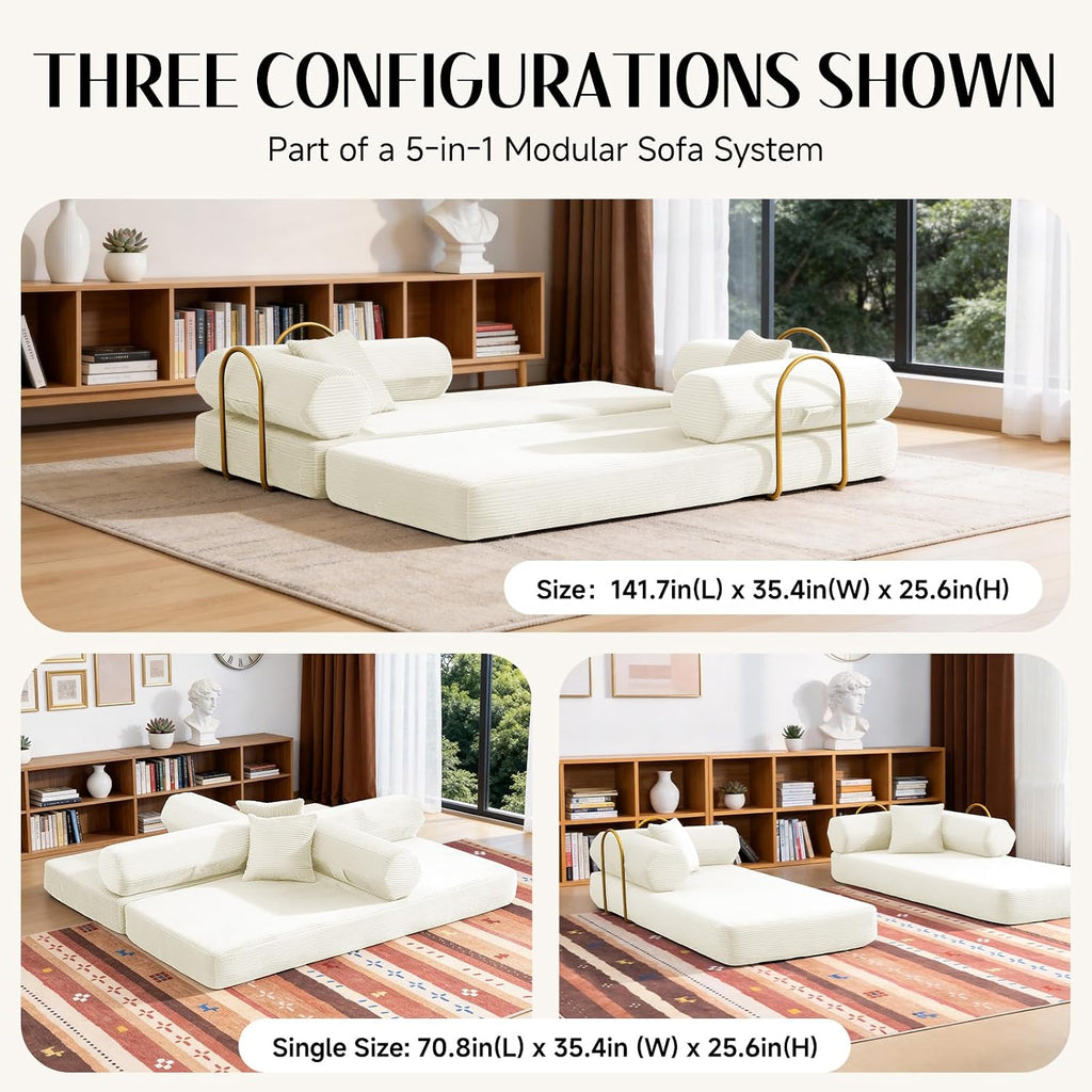 79" Corduroy Sofa Bed, Boneless Couch in a Box with 2 Pillows, High-Density Foam 4-in-1 Foldable Sleeper Futon Loveseat for Small Spaces, No Assembly, Side Pockets, Hex Arm White