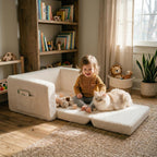 Sherpa Kids Couch, 2-in-1 Fold-Out Comfy Chair for 3+ Years Old, Beige | Potrable Handle & Pocket for Reading, Napping and Playroom