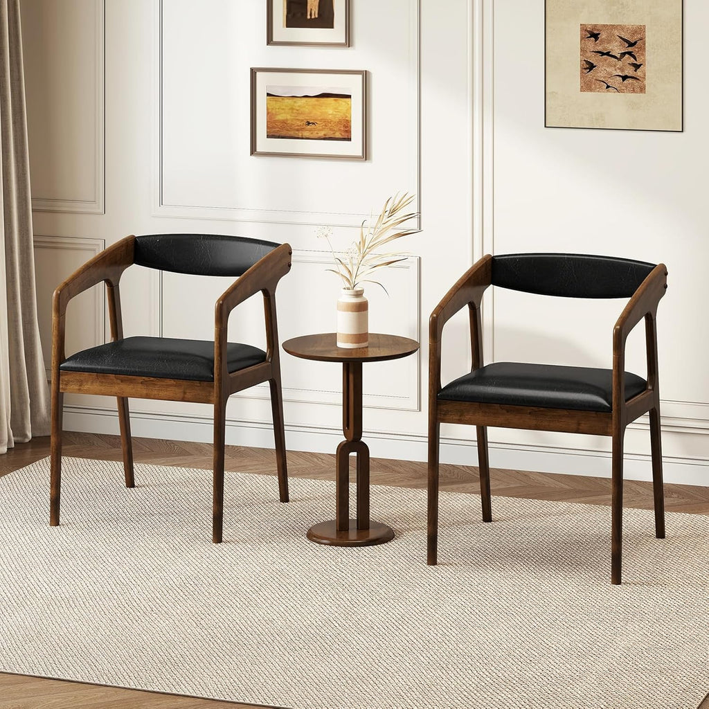COSTWAY Dining Chairs with Arms Set of 4, Mid Century Modern Wooden Accent Chairs with Faux Leather Seat & Padded Backrest, Kitchen Side Armchairs for Living Dining Reading Room, Brown & Black