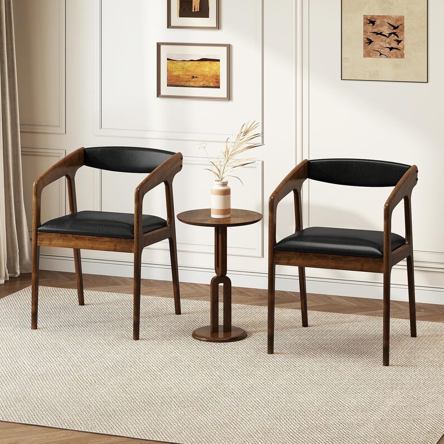 COSTWAY Dining Chairs with Arms Set of 4, Mid Century Modern Wooden Accent Chairs with Faux Leather Seat & Padded Backrest, Kitchen Side Armchairs for Living Dining Reading Room, Brown & Black
