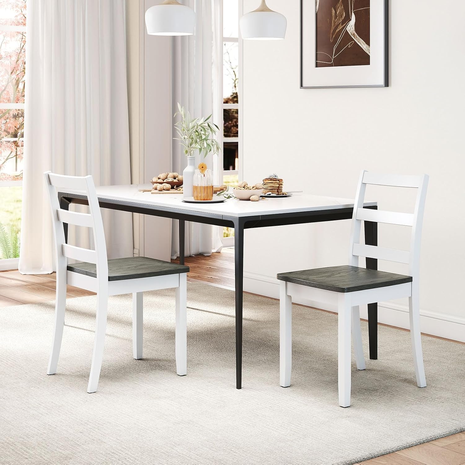 Giantex Dining Chairs, Wooden Armless Kitchen Chairs with Solid Rubber Wood Legs, Farmhouse Ladder Back Dining Chairs for Dining Room (4, White+Gray)