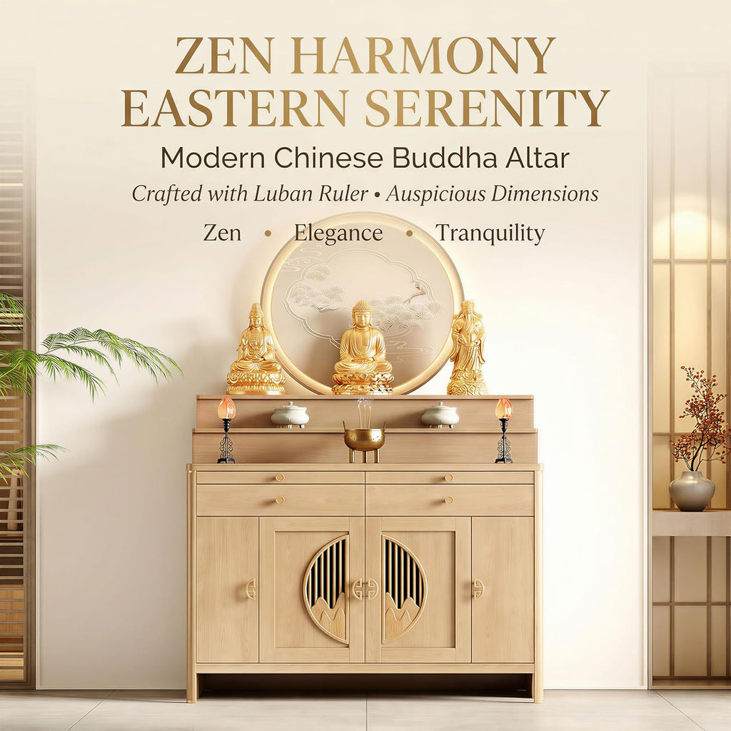 Solid Wood Frame Buddhist Altar Cabinet, Personal Shrine Altar Table with Storage Drawer, Chinese Cabinet Pedestal Offering Table Buddhist Prayer (Natural, 49.6" L * 23.6" W * 50" H in, Wood)