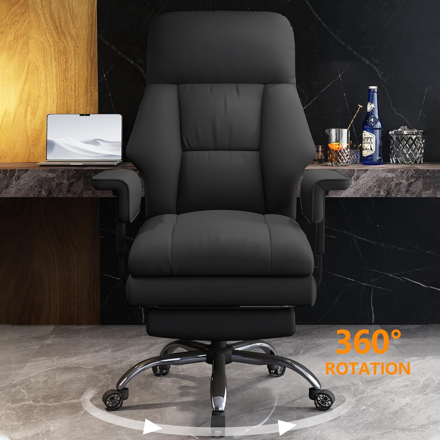 Office Chair with Leg Rest, Leather High Back Executive Office Chair with Wheels, Ergonomic Desk Chairs with Lumbar Support for Home Office, Black