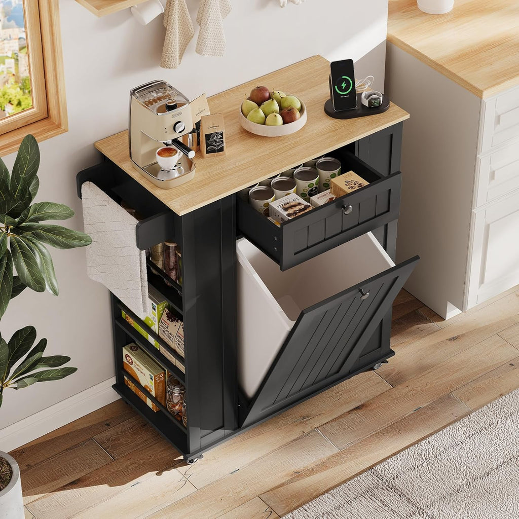 35" Kitchen Island with Trash Cabinet, Portable Rolling Cart with Power Outlet, Storage Drawer, 6-Tier Spice Rack, 4 Locking Casters for Kitchen Dining Living Room, Black
