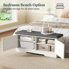 DUMOS 39 Inch Storage Bench, Shoe Organizer Cabinet with Thickened Padded Seat Cushion, Entryway Bench with 2 Doors & Adjustable Shelf for Hallway, Bedroom, Living Room, White