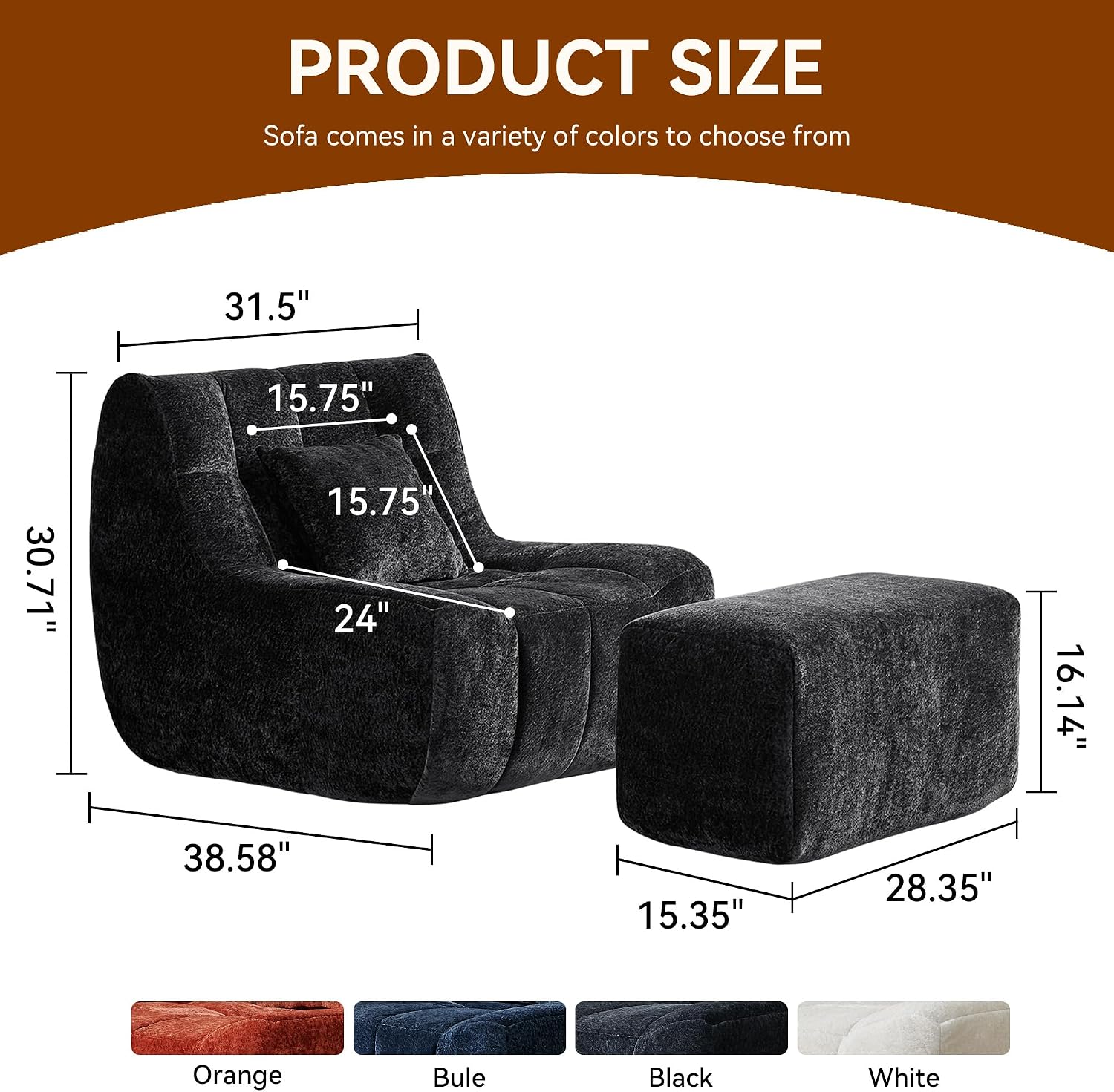 Bean Bag Chair With Footrest,Integrated Sponge Lounge Chair,Comfortable Bean Bag Sofa with Backrest, Faux FurBeanBagChair forAdultsandKids, Ideal for Bedrooms,Living Rooms,and Apartments(Black)