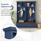 Merax Wood Hall Tree with 6 Hooks & Entryway Bench, Farmhouse Mudroom Versatile Coat Racks with 2 Large Drawers, Entrance Organizer for Hallway, Living Room Blue