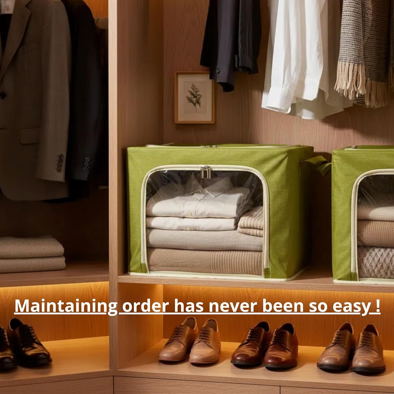 Closet Storage Bins - 3 Openings Clothes Cube Storage Bin with METAL FRAME (Green, 40L, 4 Units) - bed sheet organizer - blankets - bedsheet organizers - closet -sweater - hoodie - shoe
