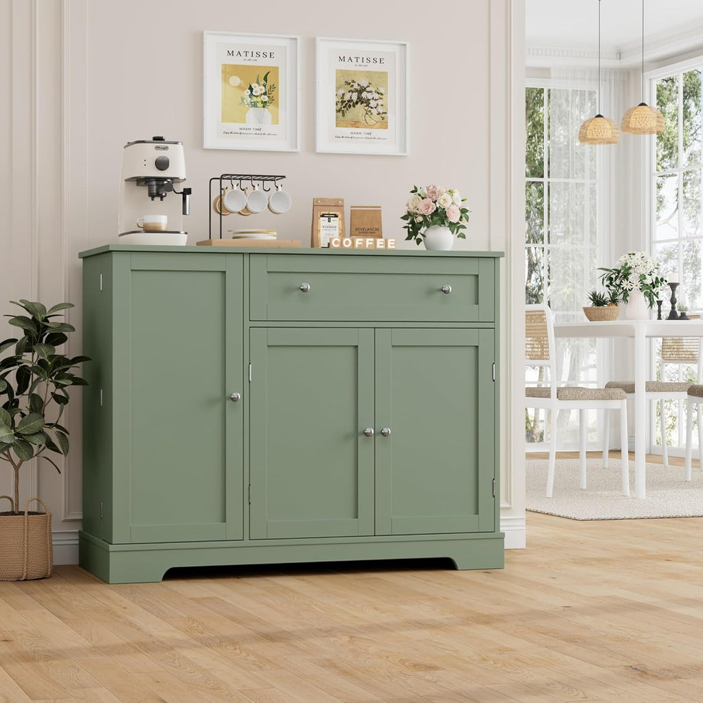 HOSTACK Buffet Cabinet with Storage, Modern Sideboard Buffet with Doors, Wood Coffee Bar Kitchen Storage Cabinet with Drawer and Adjustable Shelf for Kitchen, Dining Room, Living Room, Green