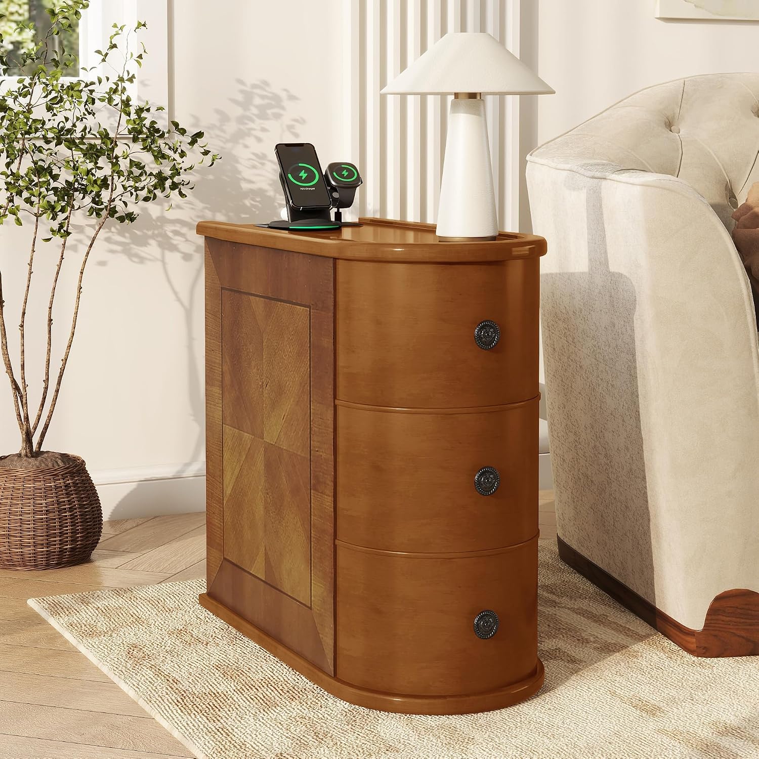 roomfitters 23.6" End Table, Charging Station and Drawers with Wooden Frame for Living Room, Light Walnut