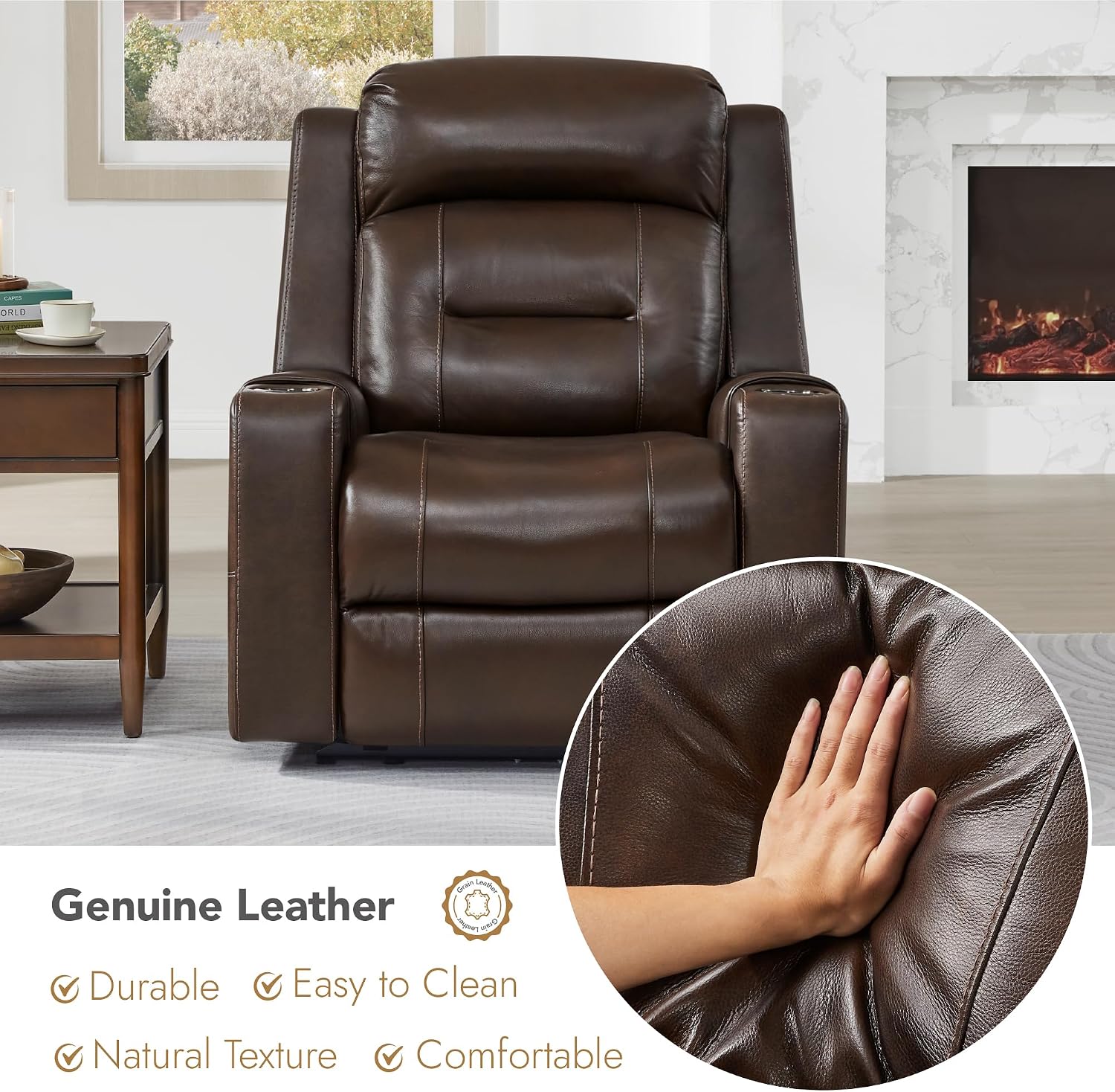 Watson & Whitely Oversized Genuine Leather Power Recliner Chairs for Big and Tall, Extra Wide Lay Flat Recliner with Power Headrest & Cup Holders, Electric Reclining Sofa for Living Room, Dark Brown