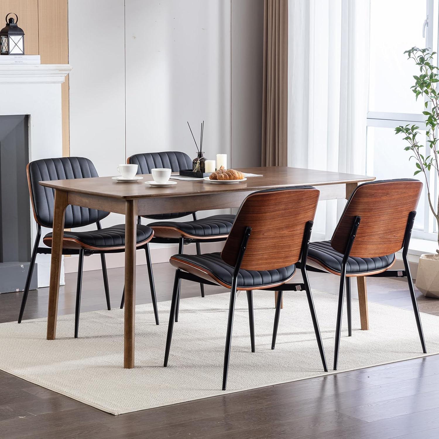 ODUSE-DAILY Mid Century Modern Dining Chairs Set of 8, Black Kitchen & Dining Room Chairs Set of 8, Upholstered PU Leather Kitchen Chairs, Sillas de Comedor, Metal Leg, Walnut Back (Black, 8 Pcs)