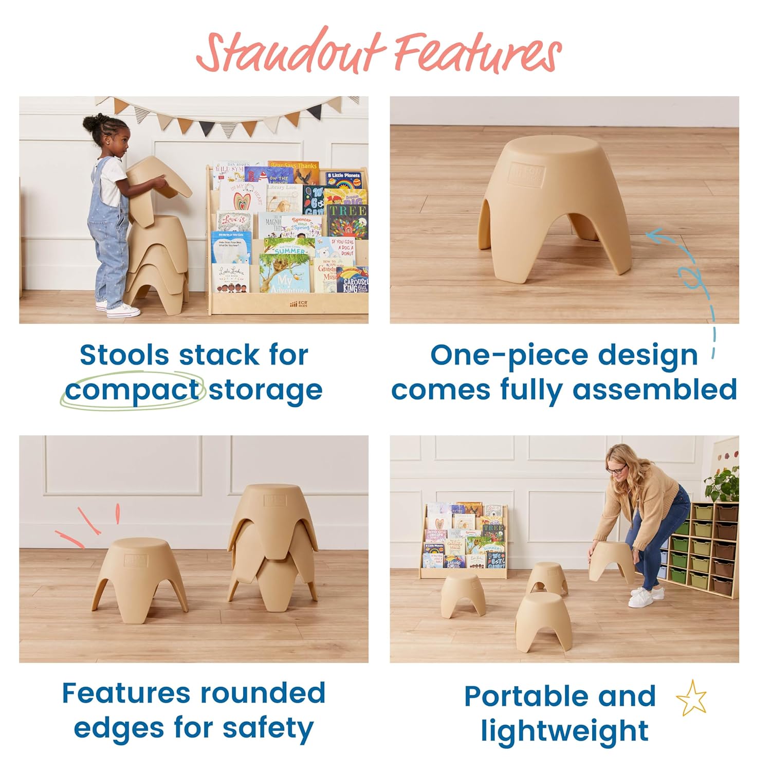 ECR4Kids Ayana Stackable Plastic Stool Seating Set, Children's Furniture, Sand, 4-Pack