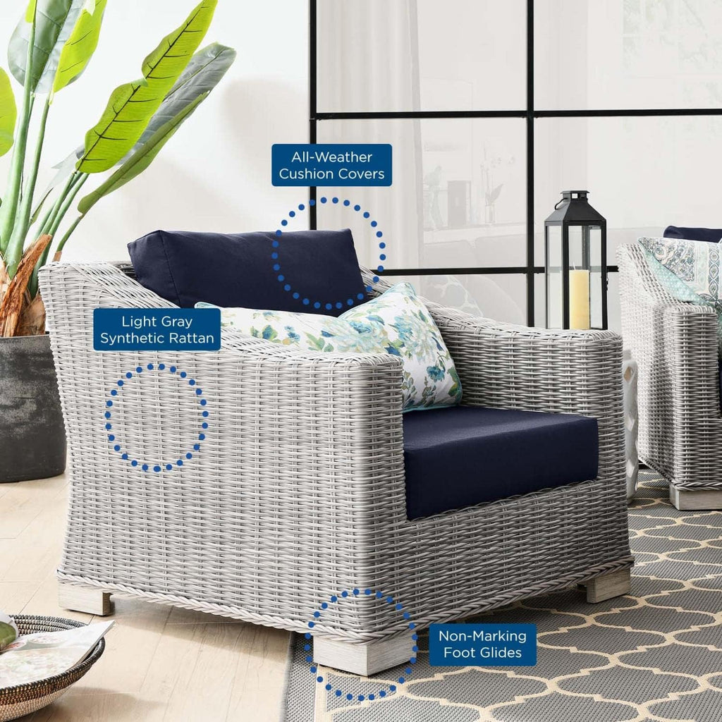 Modway Outdoor Patio Wicker Rattan 2-Piece Armchair and Ottoman Set in Light Gray Navy