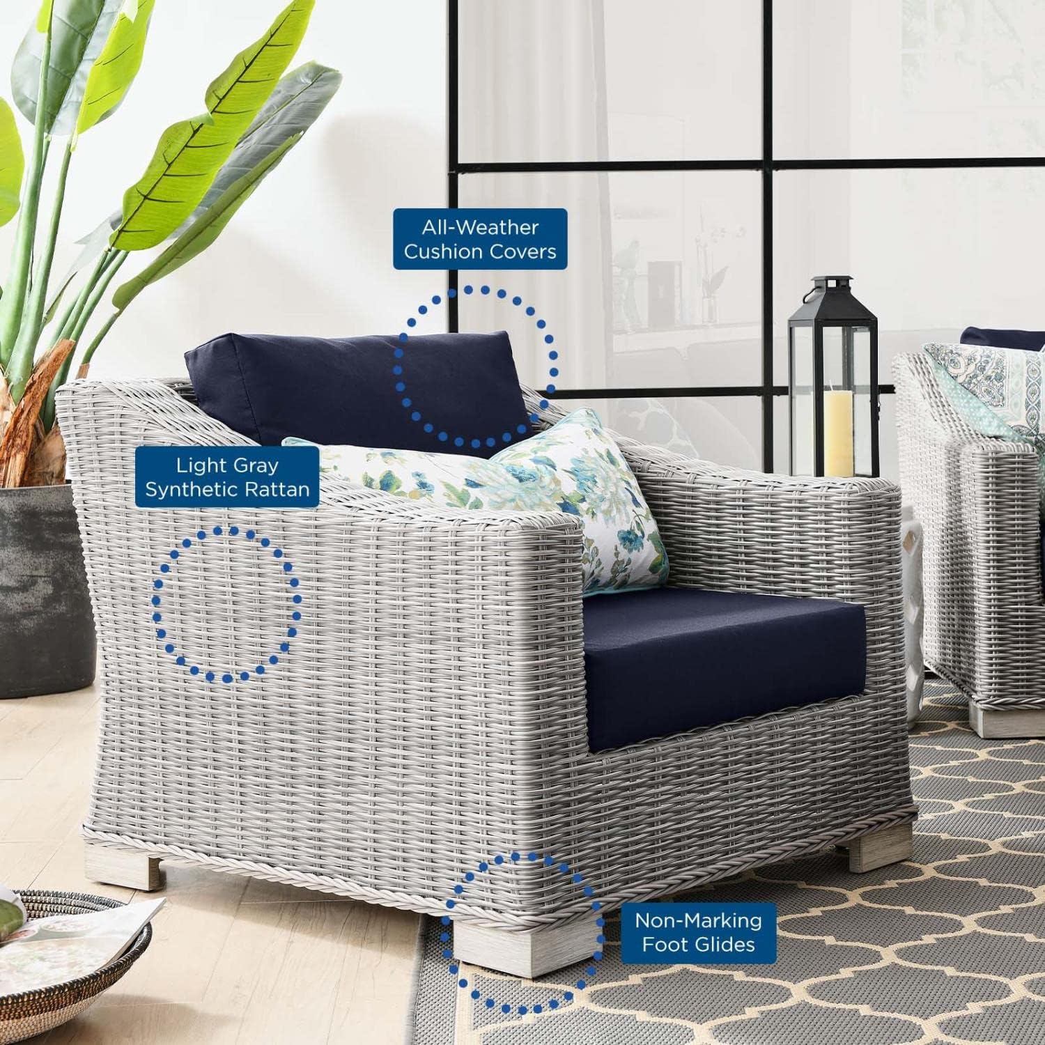 Modway Outdoor Patio Wicker Rattan 2-Piece Armchair and Ottoman Set in Light Gray Navy