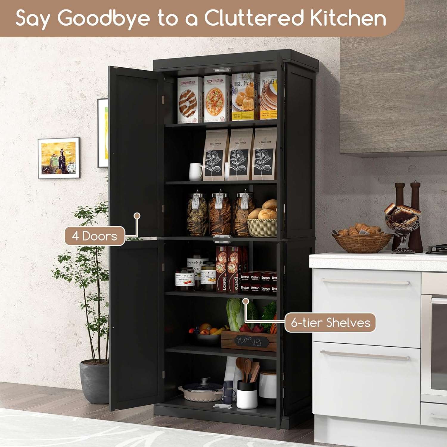 Giantex 4 Door Kitchen Pantry, 72.5” Tall Buffet Cabinet, Freestanding Modern Storage Cabinet Organizer w/ 6-Tier Shelves, 2 Adjustable Shelves, Floor Cupboard for Dining Room, Living Room (Black)