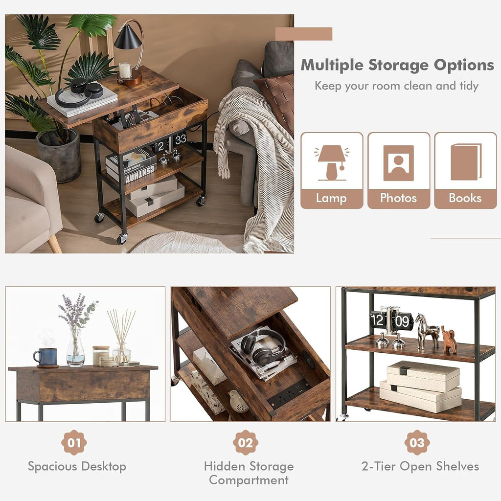 Giantex Lift Top End Table with Charging Station, Narrow Side Table with Hidden Storage, USB and Type-C Ports, Rolling Sofa Table with Lockable Wheels for Living Room Bedroom, Rustic Brown