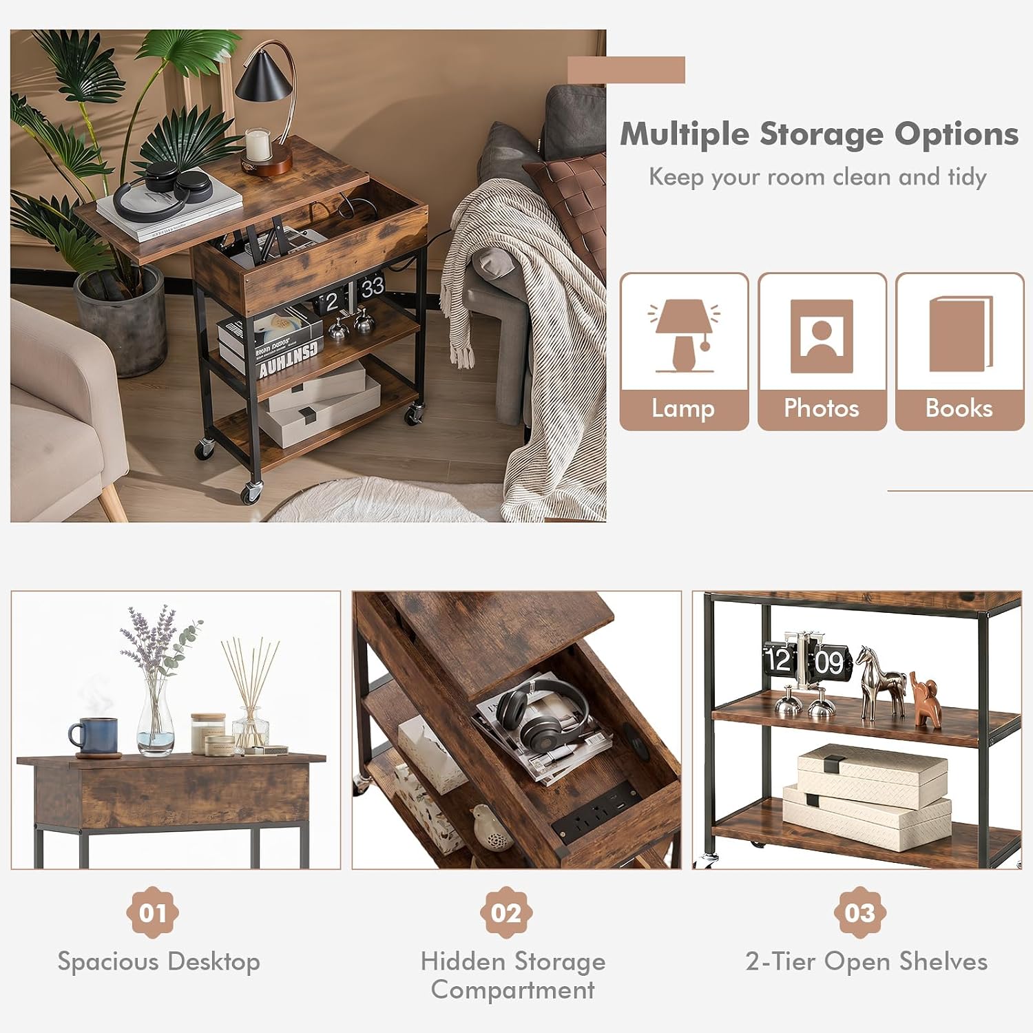 Giantex Lift Top End Table with Charging Station, Narrow Side Table with Hidden Storage, USB and Type-C Ports, Rolling Sofa Table with Lockable Wheels for Living Room Bedroom, Rustic Brown