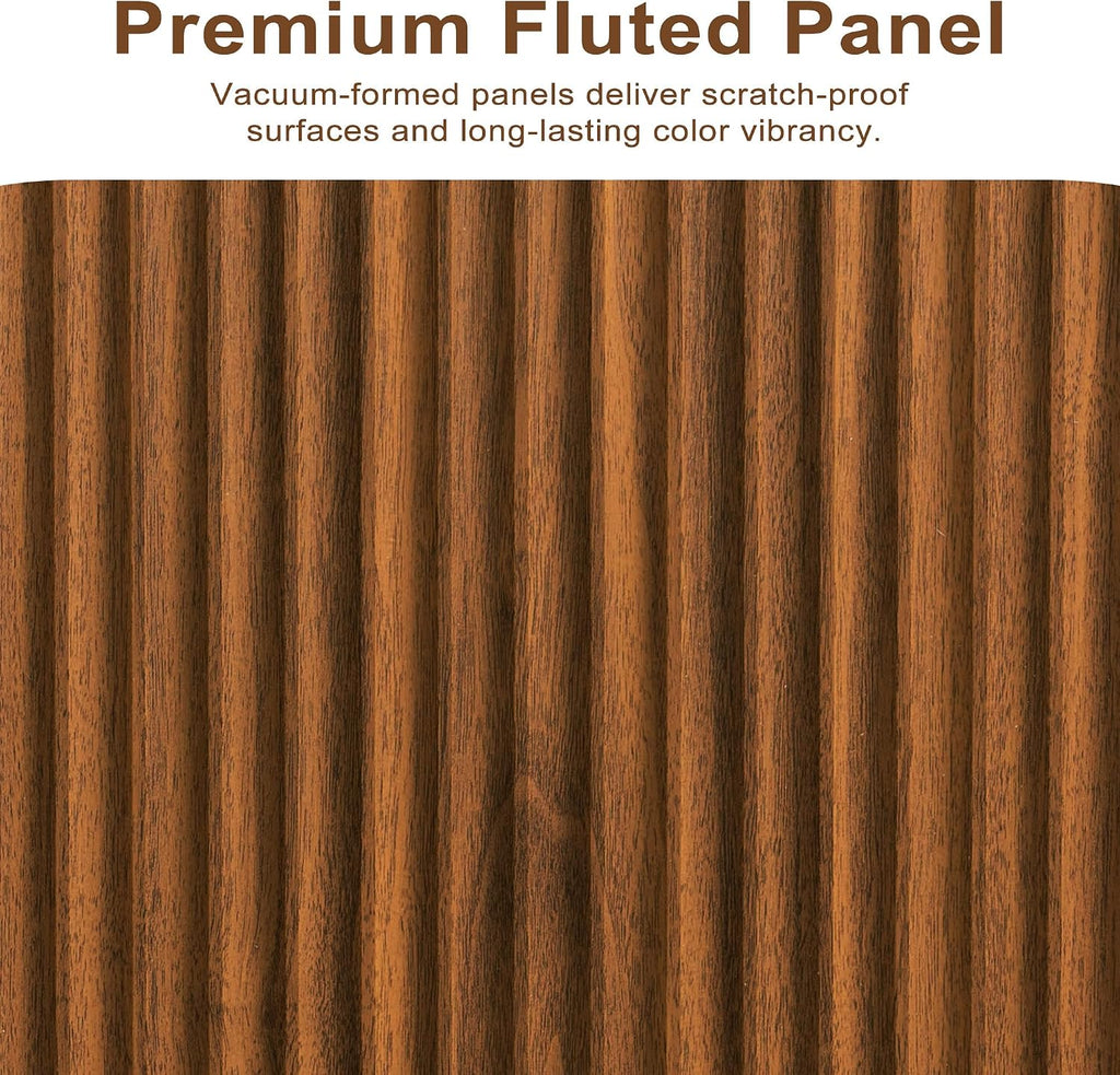 Fluted Sideboard Buffet Cabinet, 63" Wooden Credenza Storage Cabinet with 4 Doors and Adjustable Shelves, Fluted Sideboard Cabinet for Kitchen, Living Room, Brown
