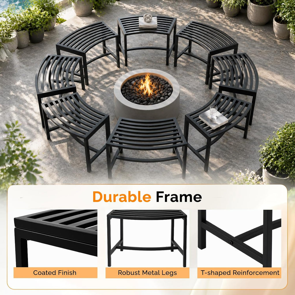VINGLI Outdoor Metal Curved Bench, Weatherproof Fire Pit Bench Set of 8, Heavy Duty Steel Backless Benches, Metal Outside Seating for Garden, Patio, Plant Stand and Holder