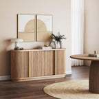 BELLEZE Turin 67" Modern Curved Sideboard with Sliding Tambour Doors - Fluted Wood Buffet Cabinet & Credenza - Oval Media Console with Gold Accents for Dining Room, Living Room, or Entryway (Camel)