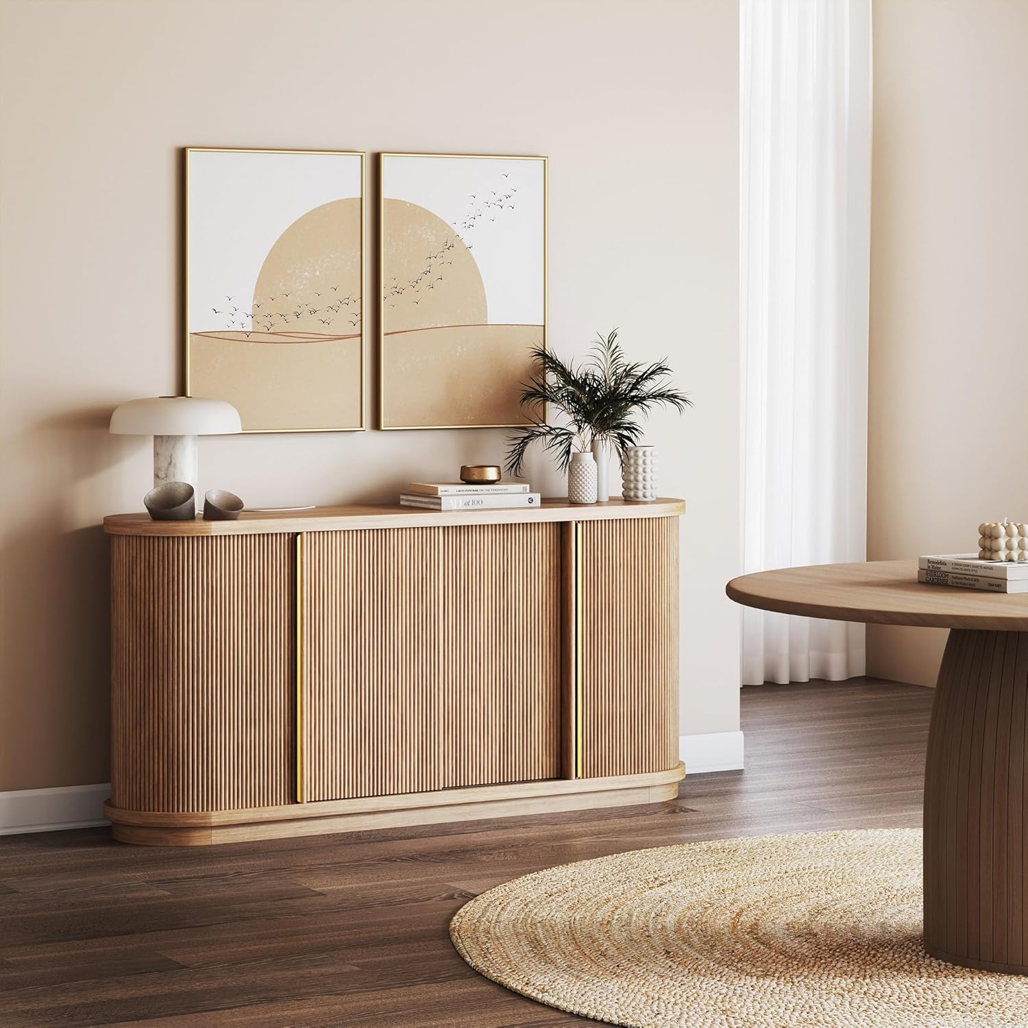 BELLEZE Turin 67" Modern Curved Sideboard with Sliding Tambour Doors - Fluted Wood Buffet Cabinet & Credenza - Oval Media Console with Gold Accents for Dining Room, Living Room, or Entryway (Camel)