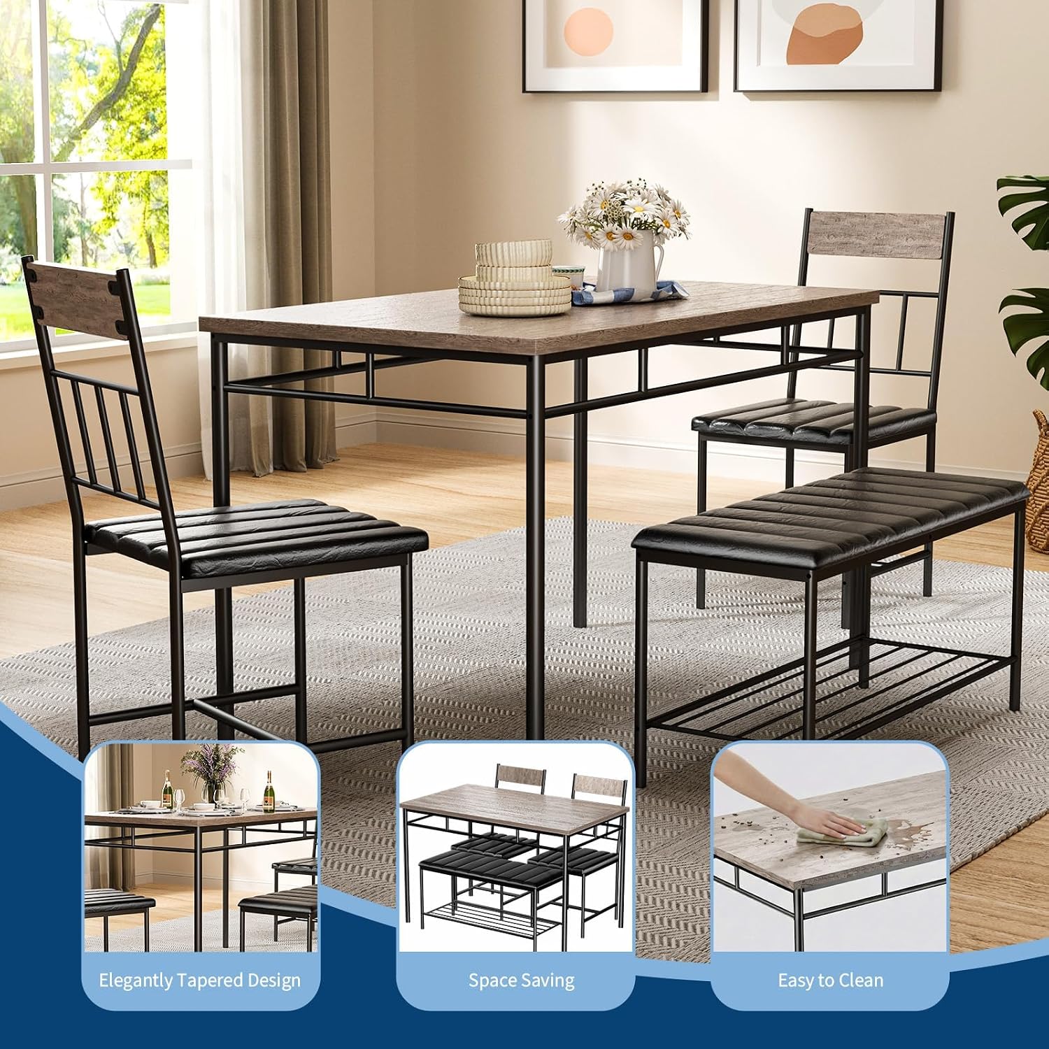 IDEALHOUSE 4-Piece Modern Dining Table Set, Kitchen Table with Upholstered Chairs and Bench, Kitchen Table Set for Small Space, Apartment, Home, Studio