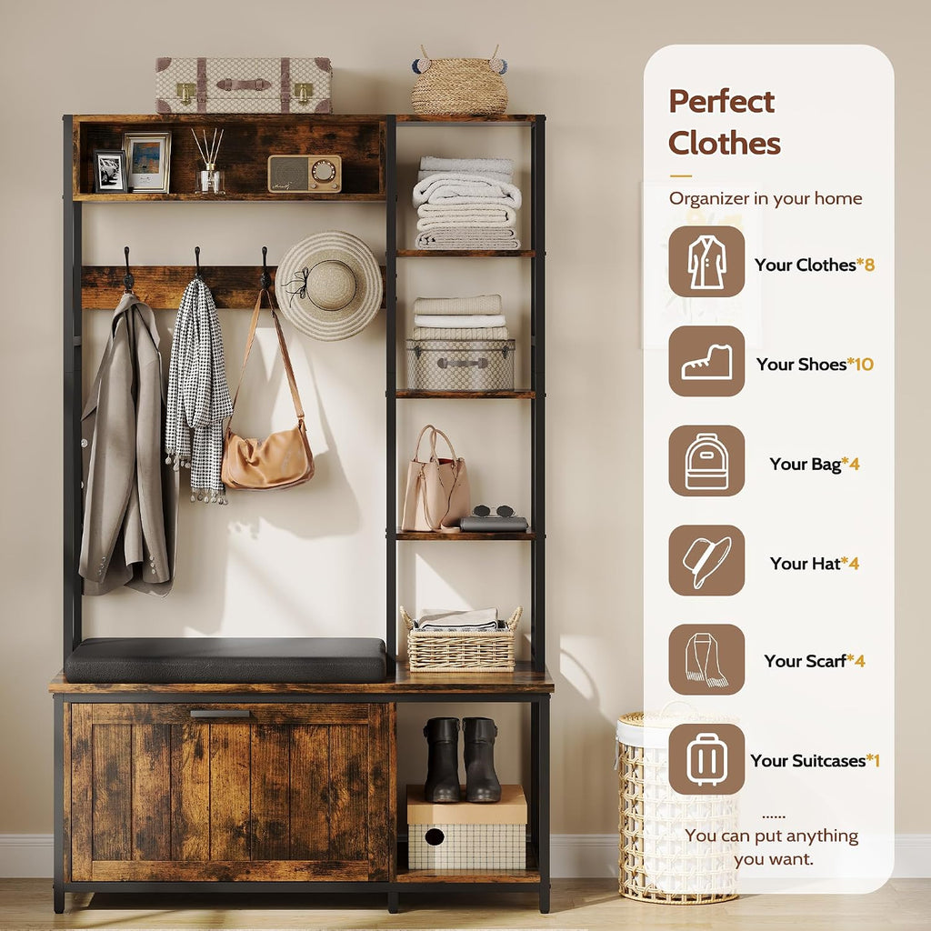 Hall Tree Coat Rack, Hall Tree With Bench and Shoe Storage Shoe With, Mud Room Storage Furniture，39.37 X 15.74 X 69.69 Inches, Brown