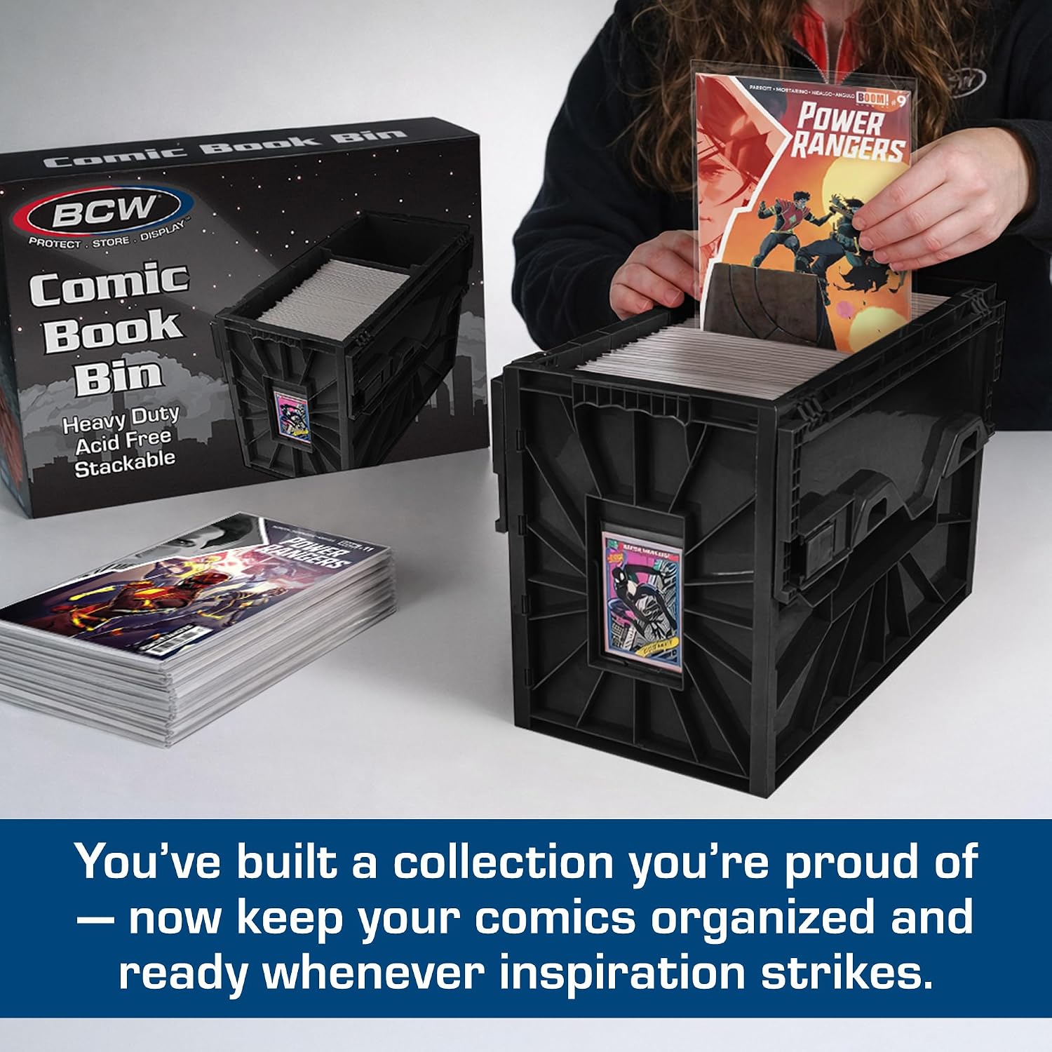 BCW Short Comic Book Bin | Holds 150 Comics | Stackable Plastic Storage | Acid-Free Organizer | Black, 10 Pack