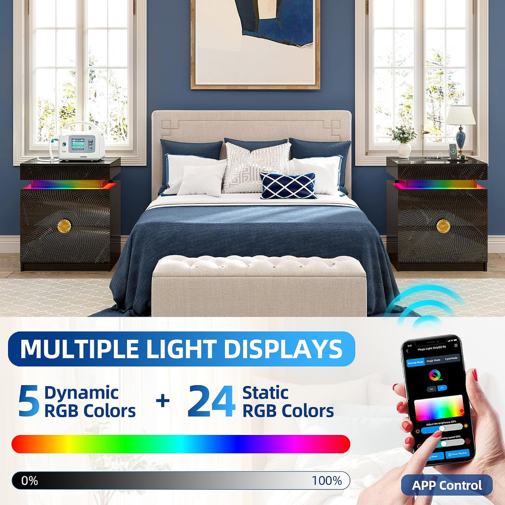 WOOVIVS Bedside Table with 2 Drawers and Sliding Top, RGB Color Changing Lights Sync with Music Rhythm, Lockable Night Stand with Secure Hidden Storage for Bedroom(Black)