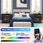 WOOVIVS Bedside Table with 2 Drawers and Sliding Top, RGB Color Changing Lights Sync with Music Rhythm, Lockable Night Stand with Secure Hidden Storage for Bedroom(Black)
