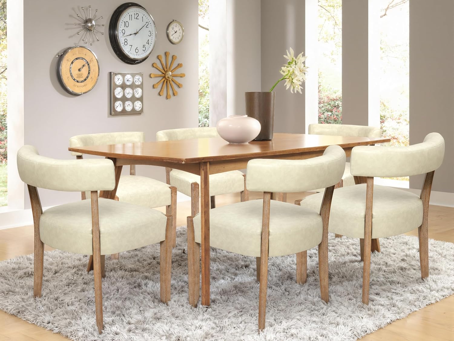 RNKSFX Modern Dining Chairs Set of 6, Faux Leather Upholstered Kitchen & Dining Room Chairs, Mid Century Modern Wooden Dining Chairs Oversized Sturdy Rounded Chairs Curved Back, Beige
