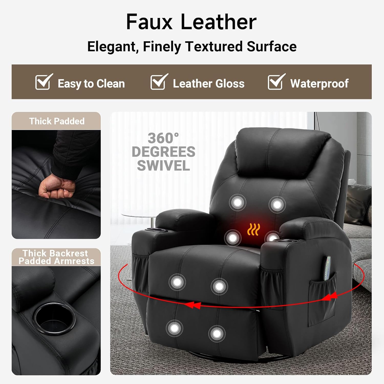 Korser Recliner Chair, Rocking Chair with Massage and Heat, 360° Swivel Recliner Chairs for Adults, Rocker Manual Recliner with Remote Control and Cup Holder for Living Room, Bedroom, Nursery