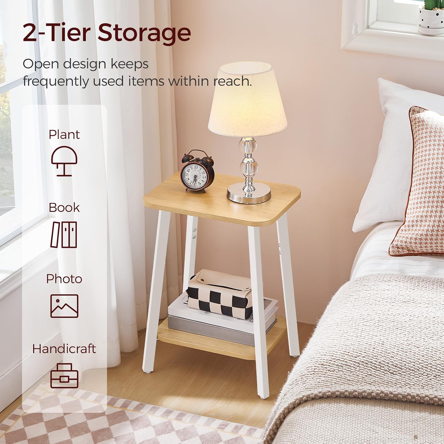 MAHANCRIS Side Table, Small Rectangular End Table with Storage Shelf, 2-Tier Bedside Table Sofa Couch Table, Nightstand for Small Spaces, Living Room, Bedroom, Natural ETBN4701