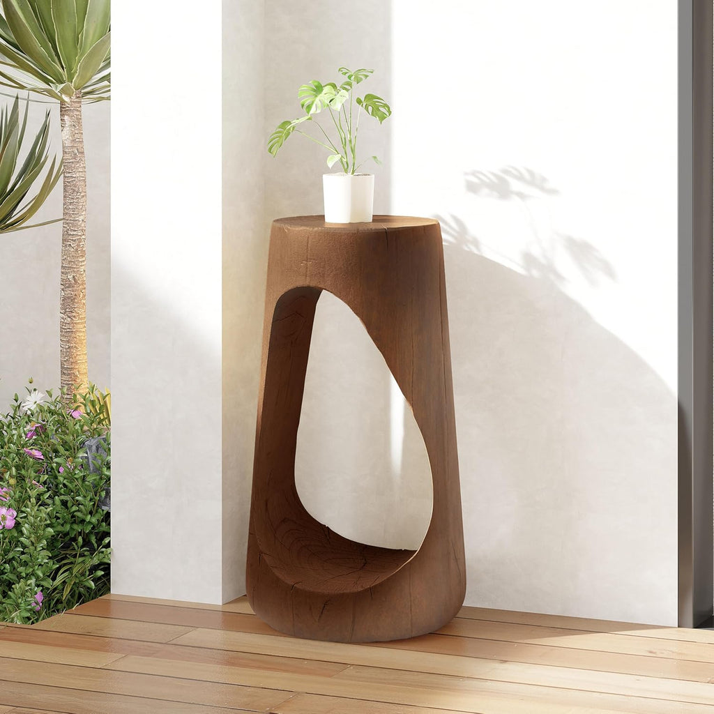 ø11.6'' Side Table End Table for Living Room, Modern Farmhouse Countryside Style, Magnesium Oxide & Lightweight Concrete Material for Indoor & Outdoor, No Assembly, Wood Grain, Antique Brown