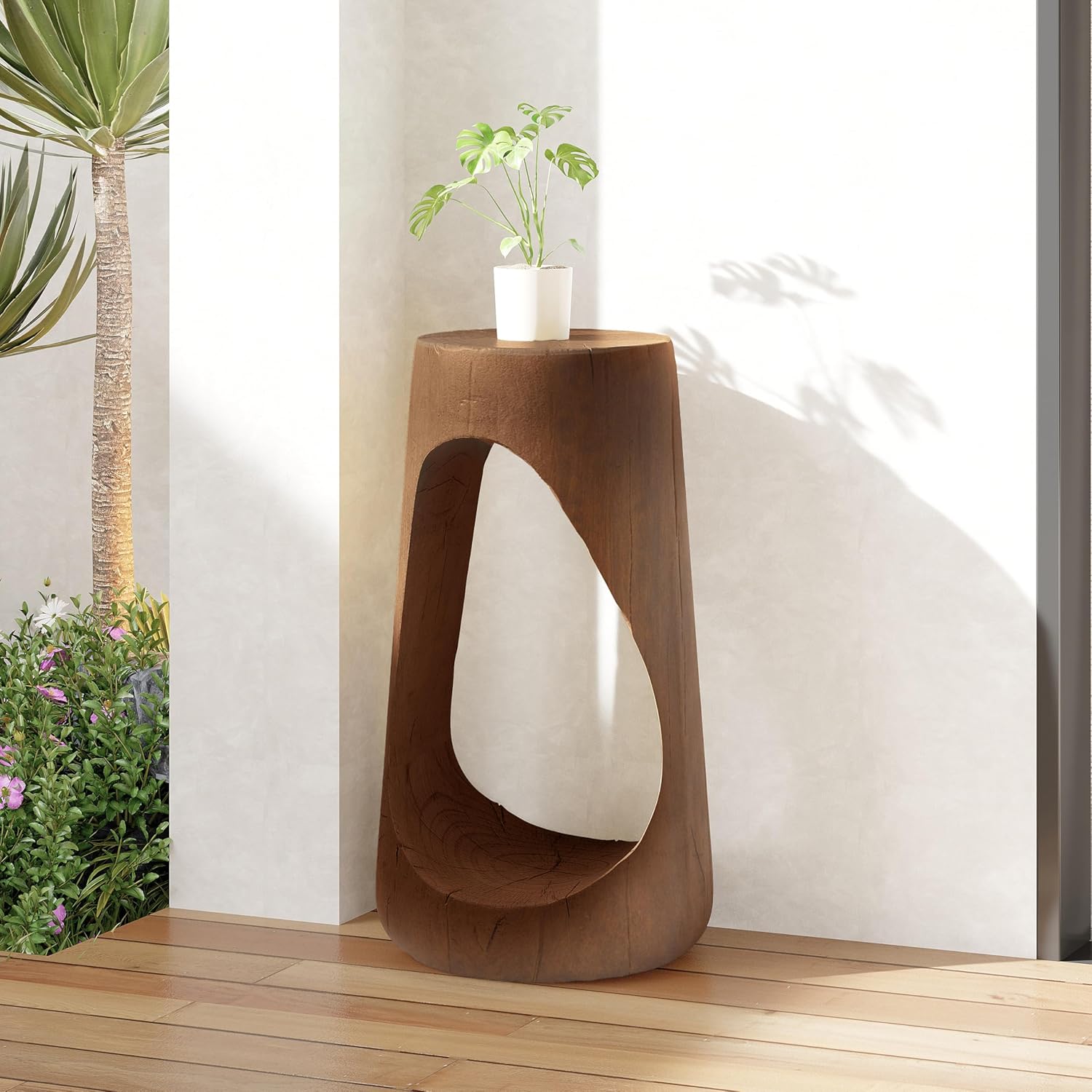 ø11.6'' Side Table End Table for Living Room, Modern Farmhouse Countryside Style, Magnesium Oxide & Lightweight Concrete Material for Indoor & Outdoor, No Assembly, Wood Grain, Antique Brown