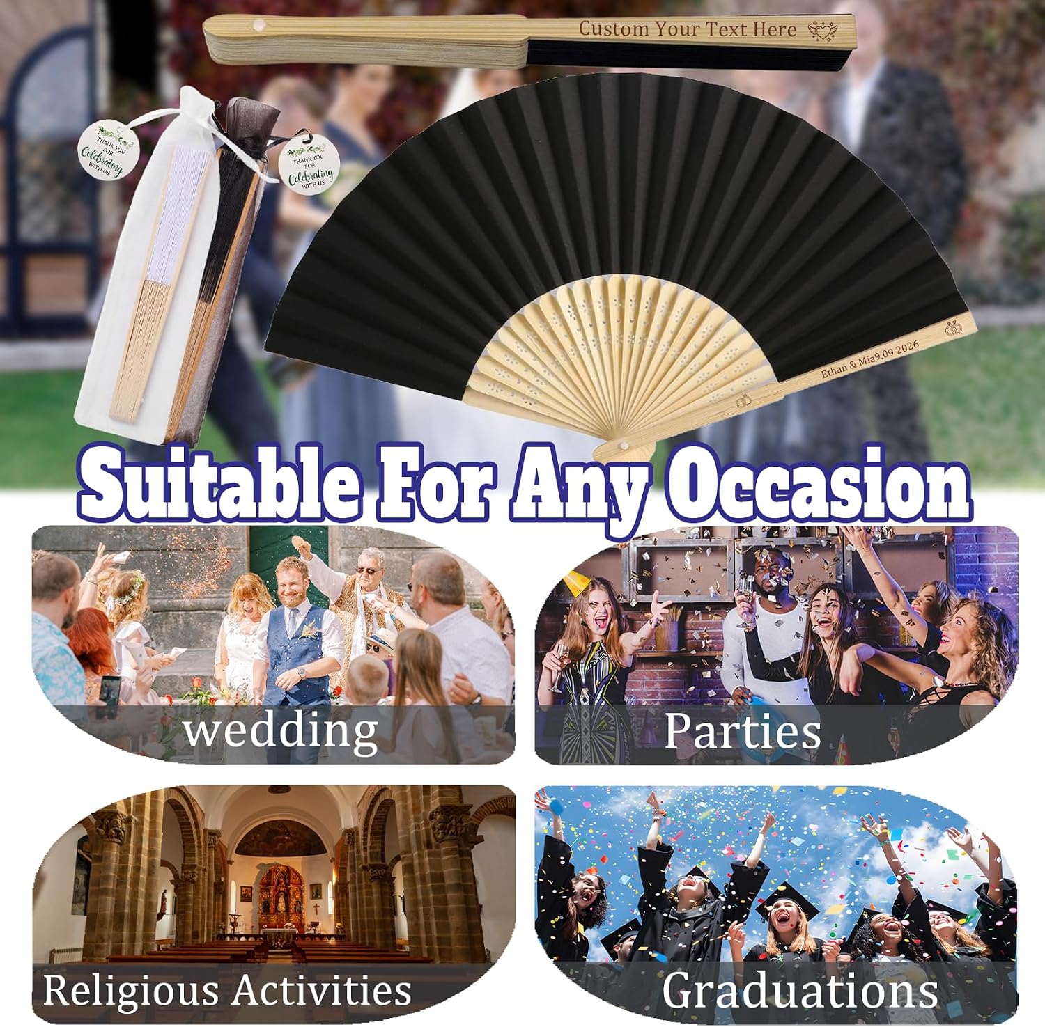HJX Personalized Wedding Fans for Guests Custom Engraved Bulk Paper Folding Fans Favors for Party