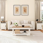 AMERLIFE 3-Piece Farmhouse Living Room Table Set with Coffee Table & 2 End Tables, Charging Station & USB Ports, Distressed White